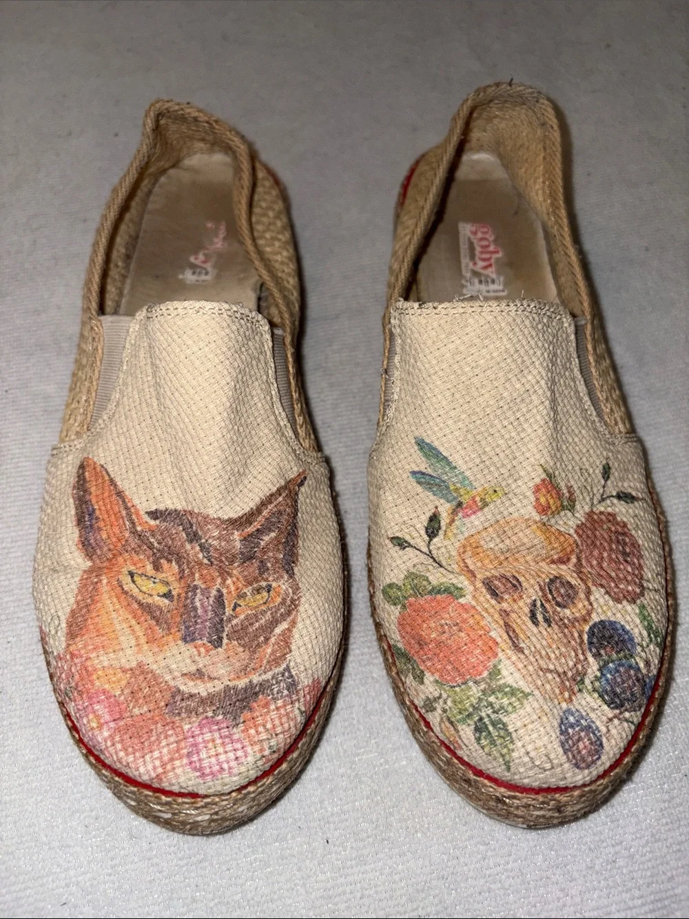 Hand-Painted Canvas Espadrilles with Cat & Skull Art